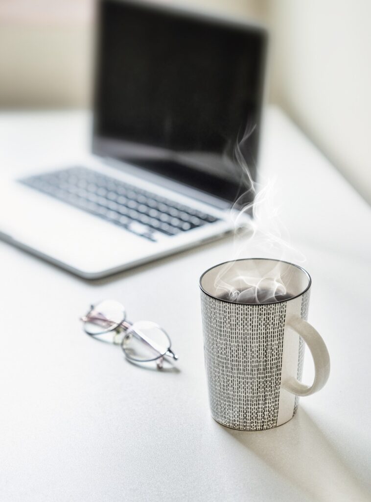 desk, tea, tea cup, coffee, table, laptop, cup, mug, coffee cup, workplace